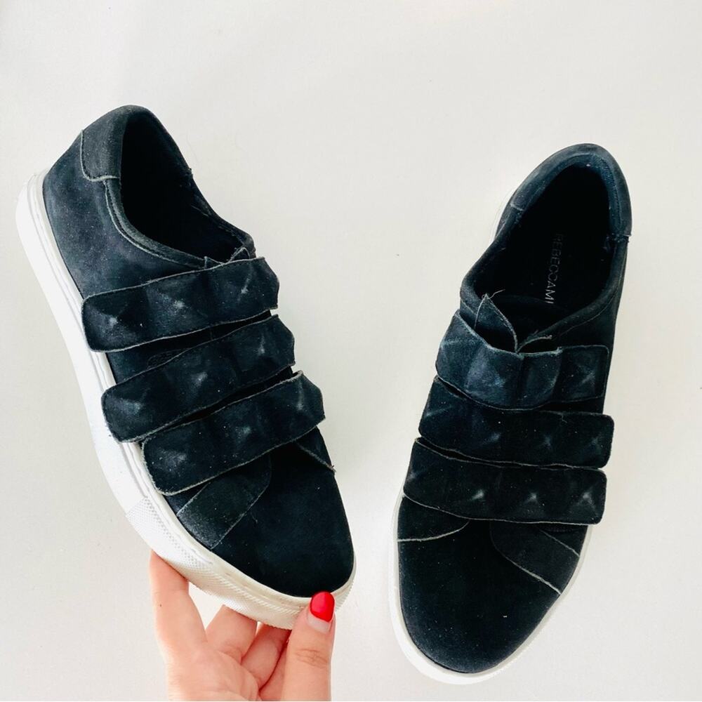 REBECCA MINKOFF Black Suede Studded Hook Loop Strap Sneaker Shoes White Sole 7.5